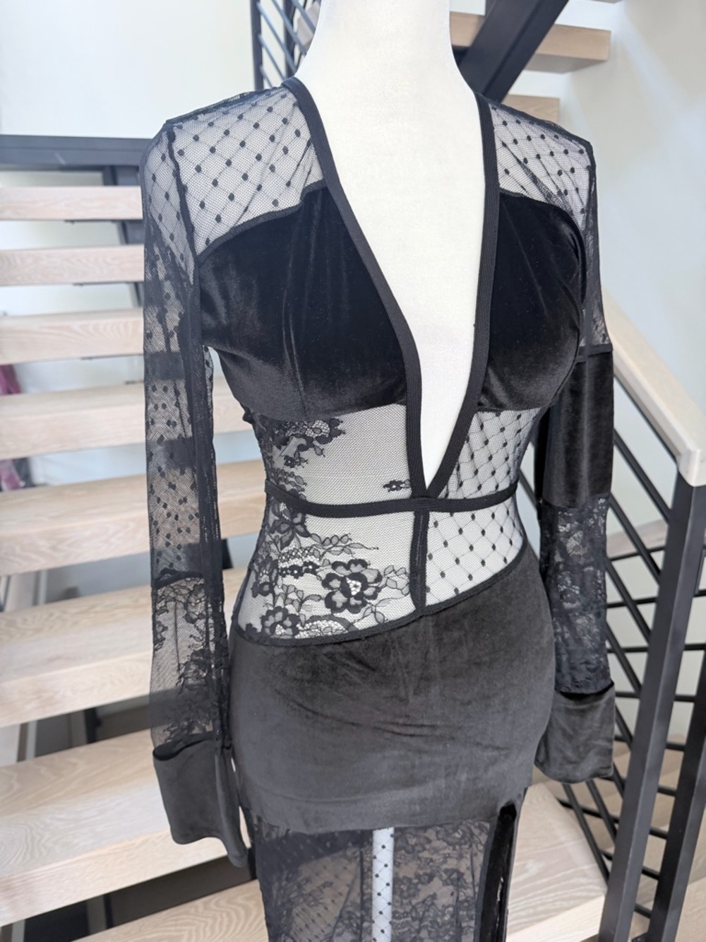 Sheer Panel Black Evening Maxi Dress with Deep V and Open back size XS - Picture 6 of 15
